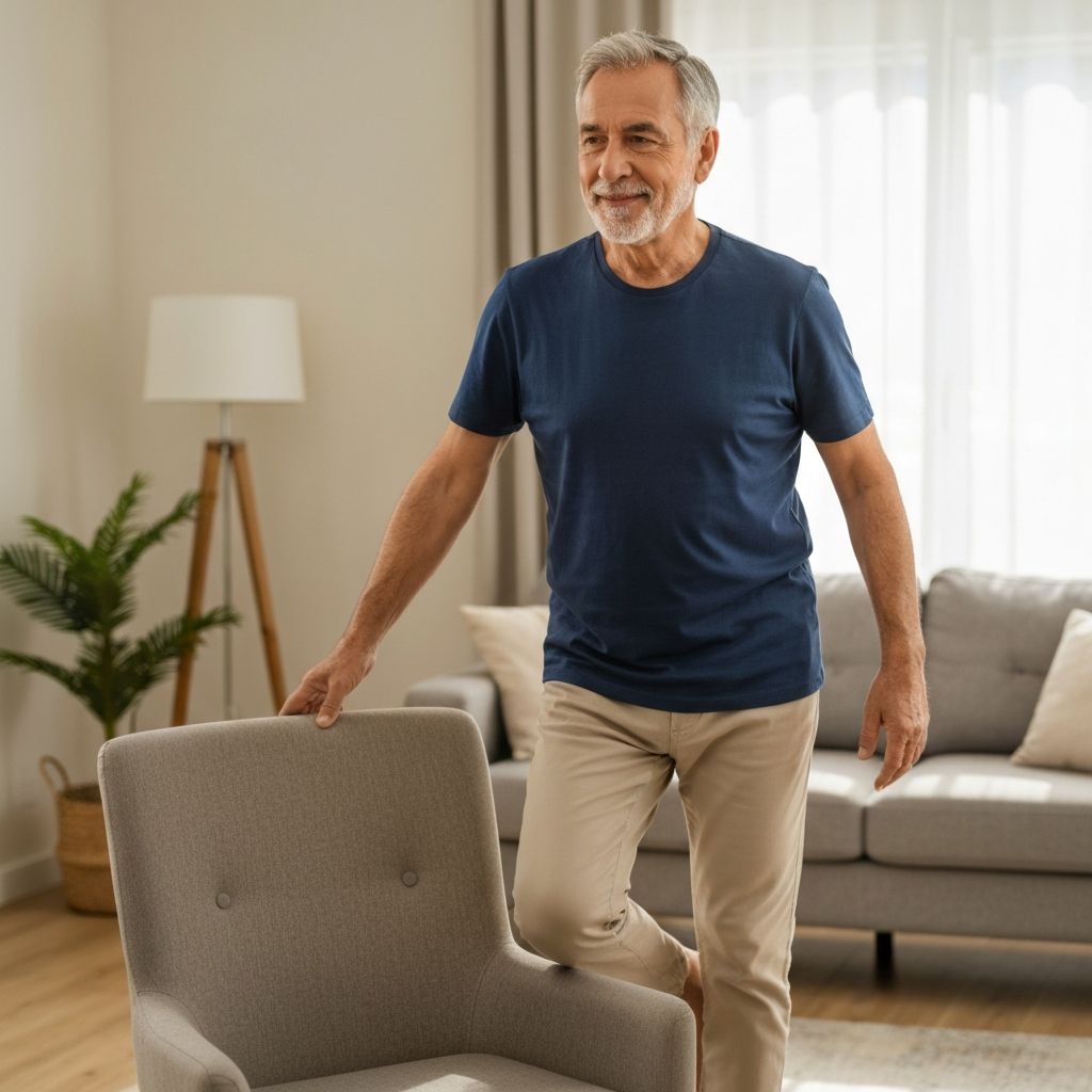 Senior man practicing balance exercise while holding chair for support