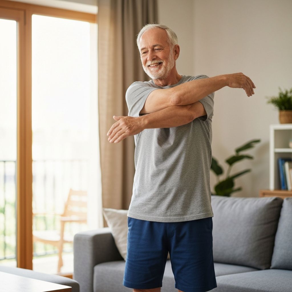 Senior man doing gentle shoulder stretches in home living room